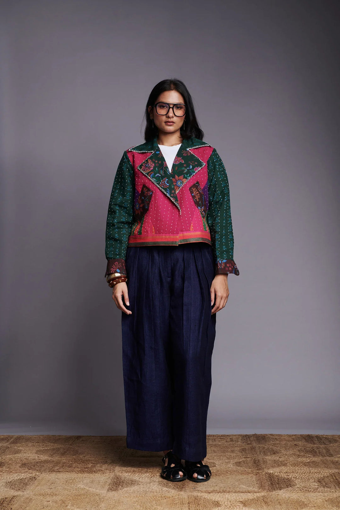 Saphed Co-linen Kantha Bolero Jacket