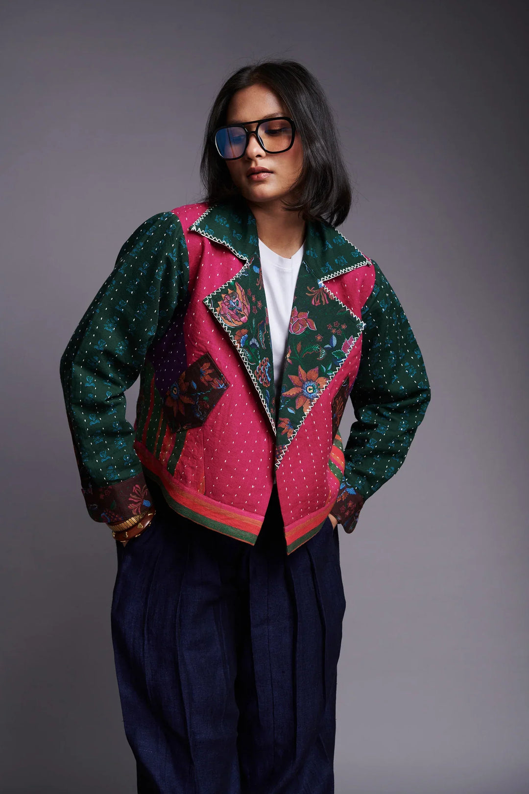 Saphed Co-linen Kantha Bolero Jacket