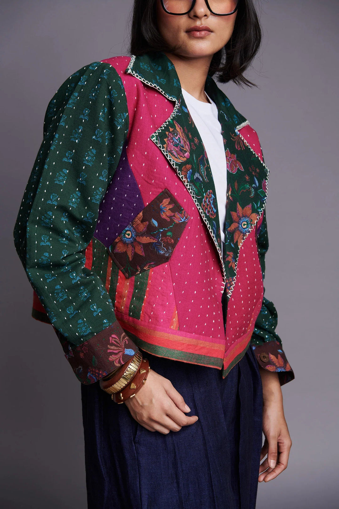 Saphed Co-linen Kantha Bolero Jacket