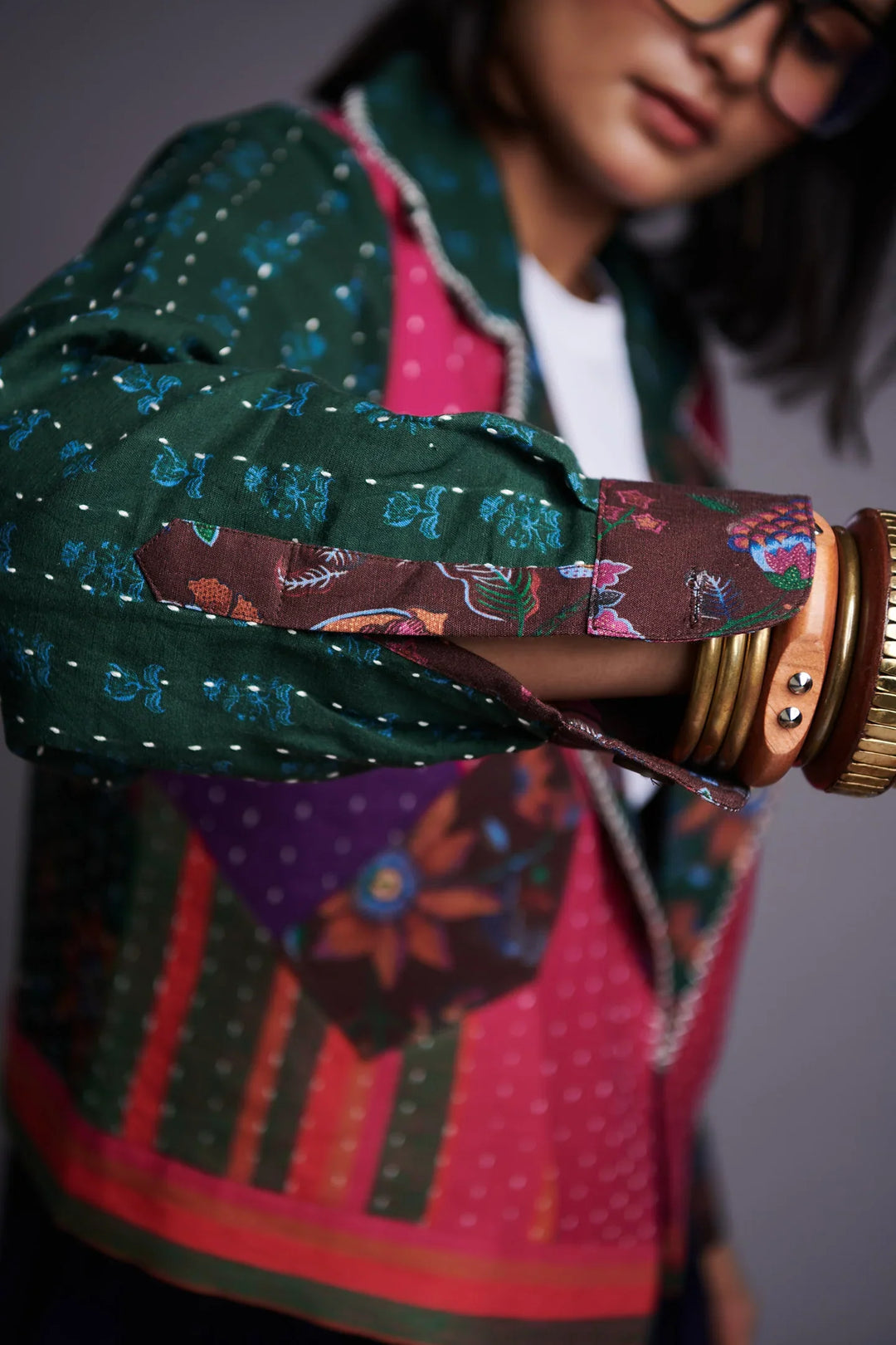 Saphed Co-linen Kantha Bolero Jacket