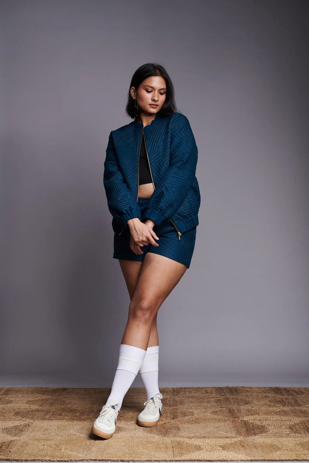 Saphed Indigo Linen Unisex Quilted Bomber Jacket