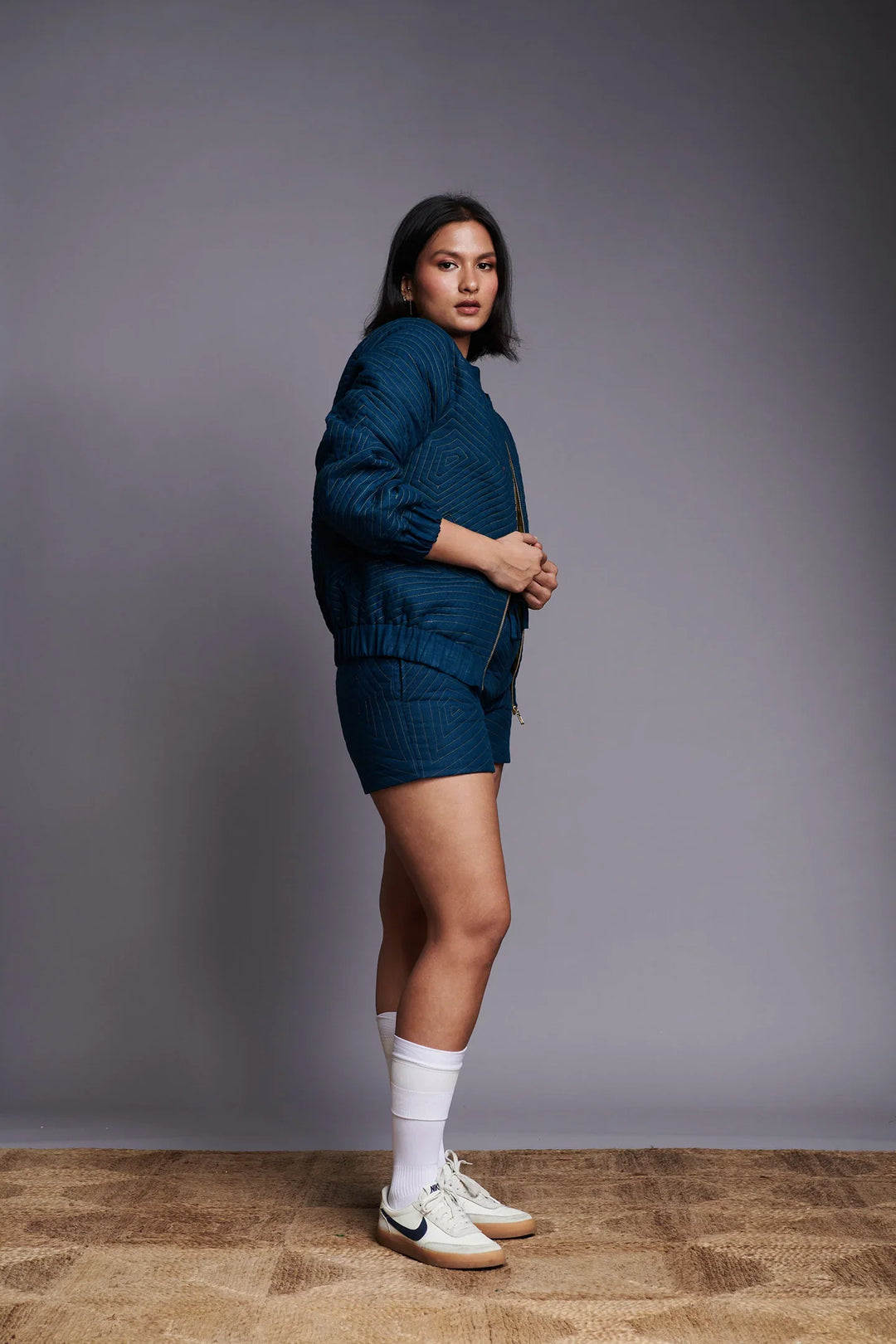 Saphed Indigo Linen Unisex Quilted Bomber Jacket