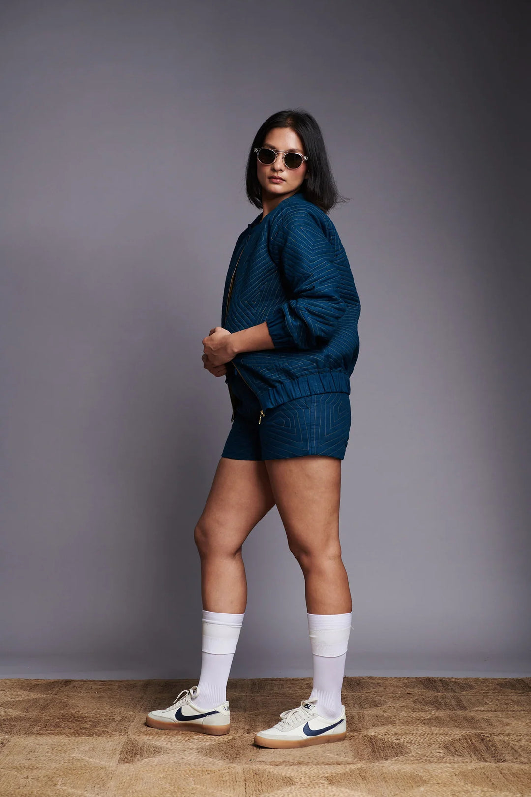 Saphed Indigo Linen Unisex Quilted Bomber Jacket