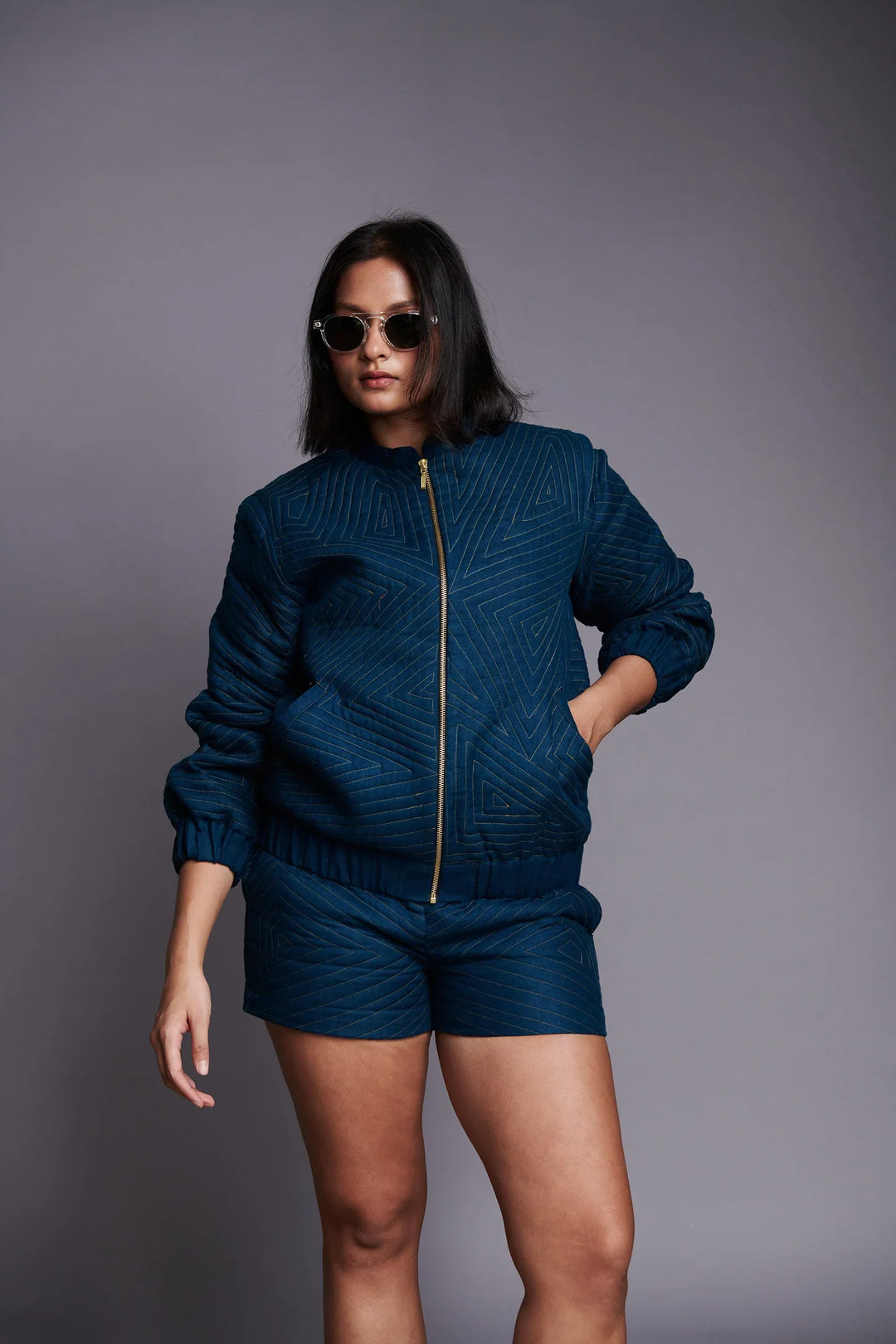 Saphed Indigo Linen Unisex Quilted Bomber Jacket