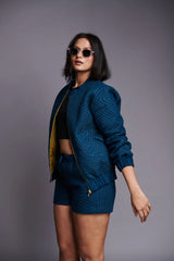 Saphed Indigo Linen Unisex Quilted Bomber Jacket