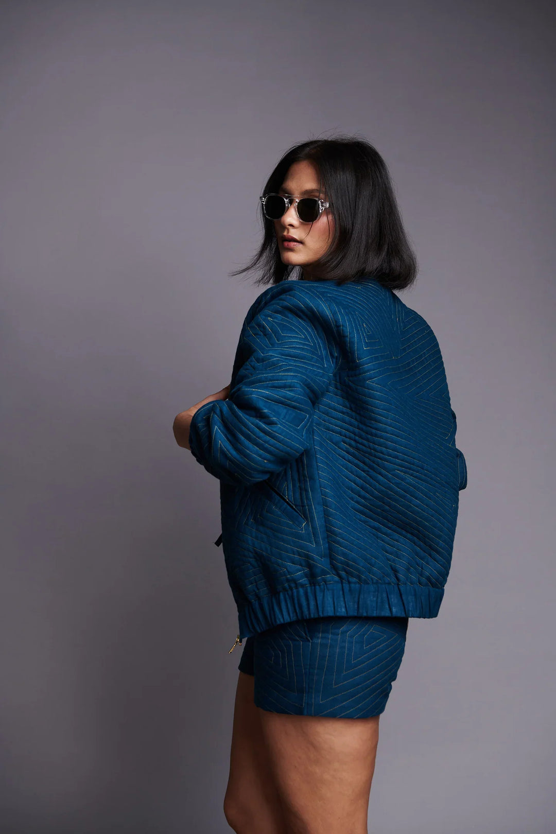 Saphed Indigo Linen Unisex Quilted Bomber Jacket