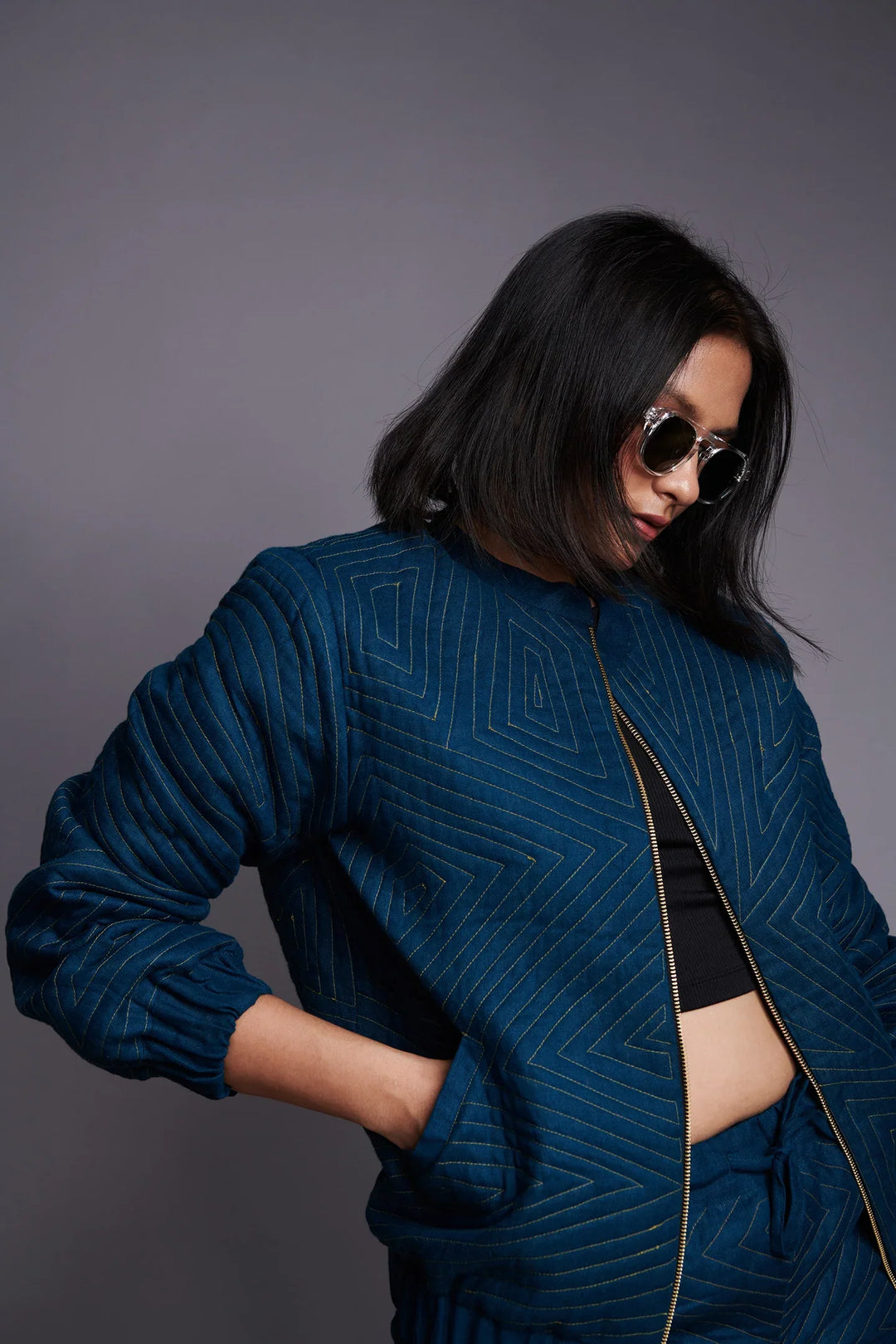 Saphed Indigo Linen Unisex Quilted Bomber Jacket