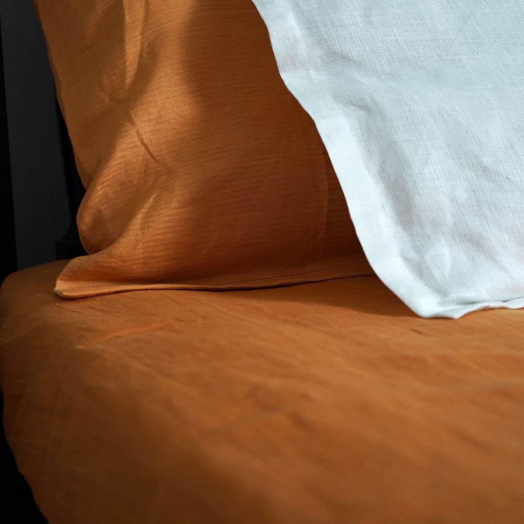 Pravaah Rust Orange Hemp Bedsheet Set | Herringbone Weave - Sawera