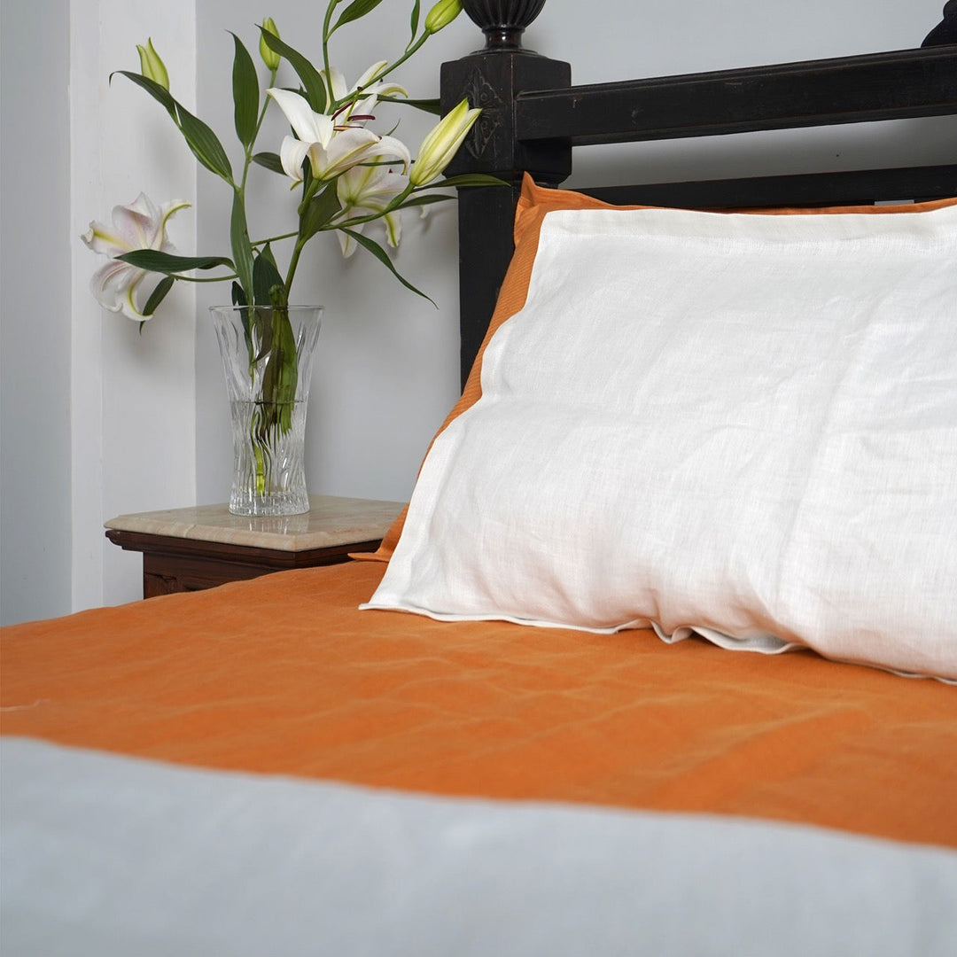 Pravaah Rust Orange Hemp Bedsheet Set | Herringbone Weave - Sawera