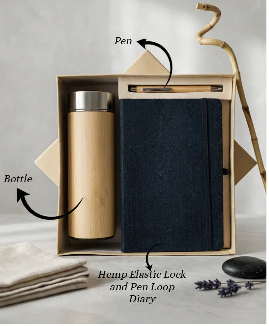 The Label Gaia Gift Set: Elastic loop Diary, Pen & Bottle | Hemp