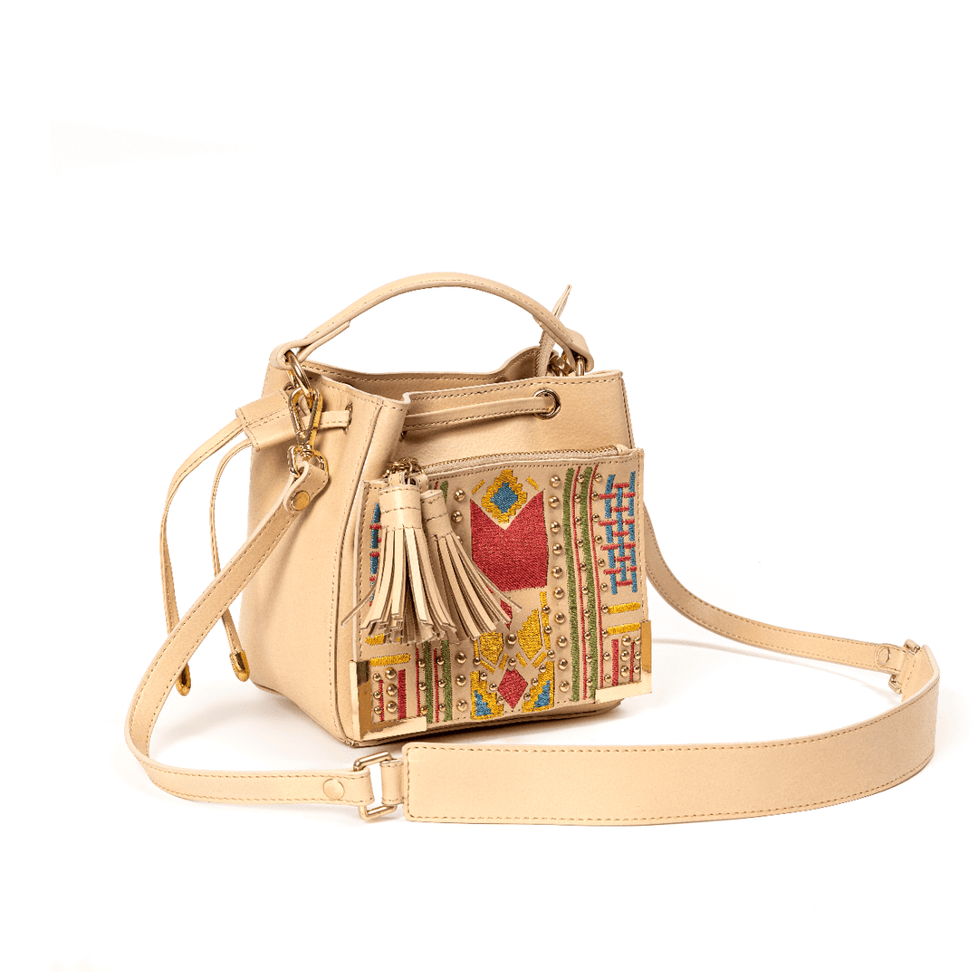 Green Hermitage Nora Vegan Leather Embroidered Sling Bag - Almond