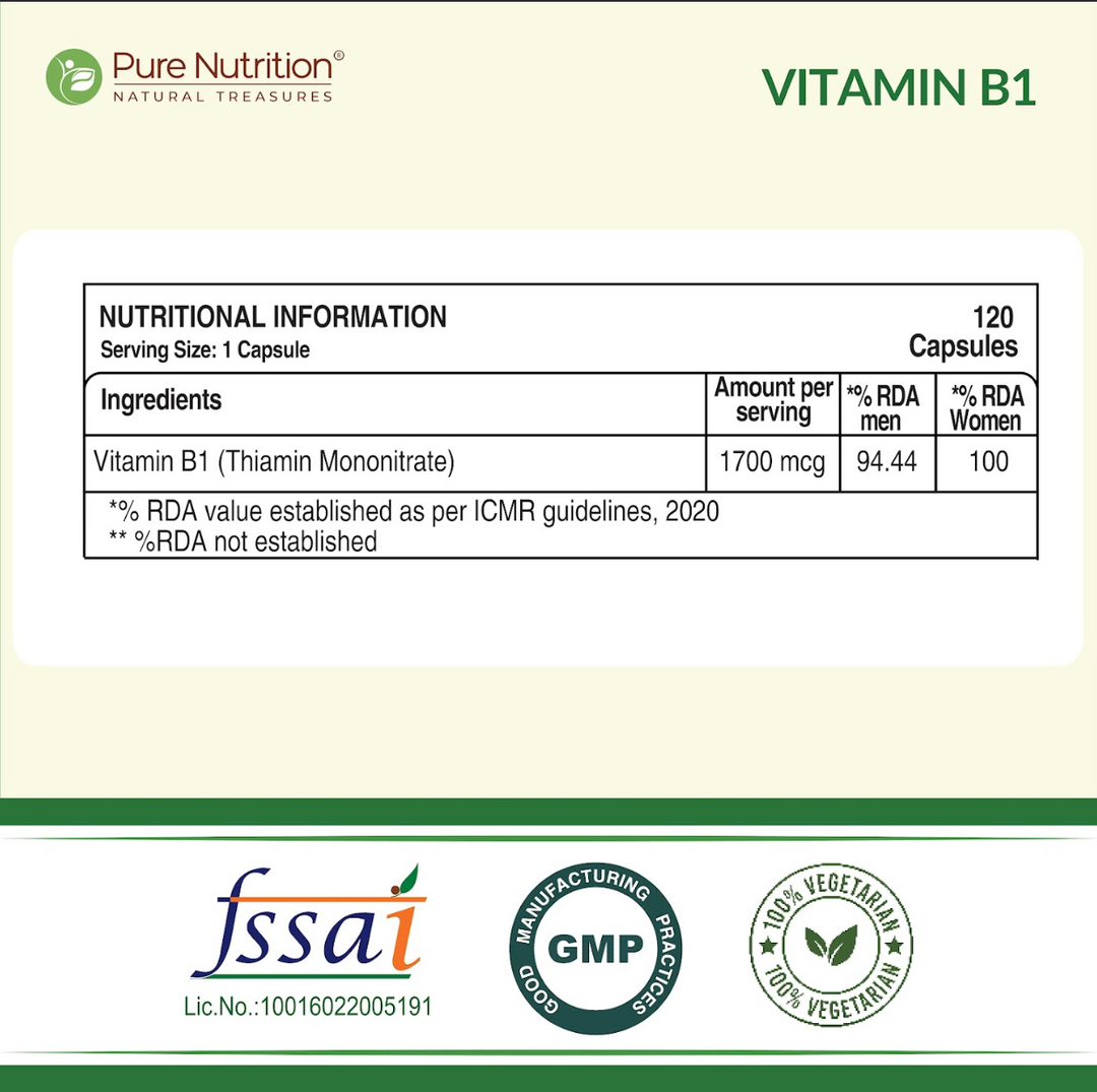 Vitamin B1 (Thiamine) Capsules 120 Count  Energy Metabolism & Nerve Health
