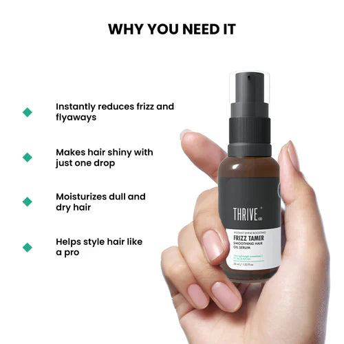 ThriveCo Frizz Tamer Smoothing Hair Oil Serum | For Smooth & Frizz-Free Hair | Hydrates Frizzy, Dry & Dull Hair | For Men & Women | 30ml