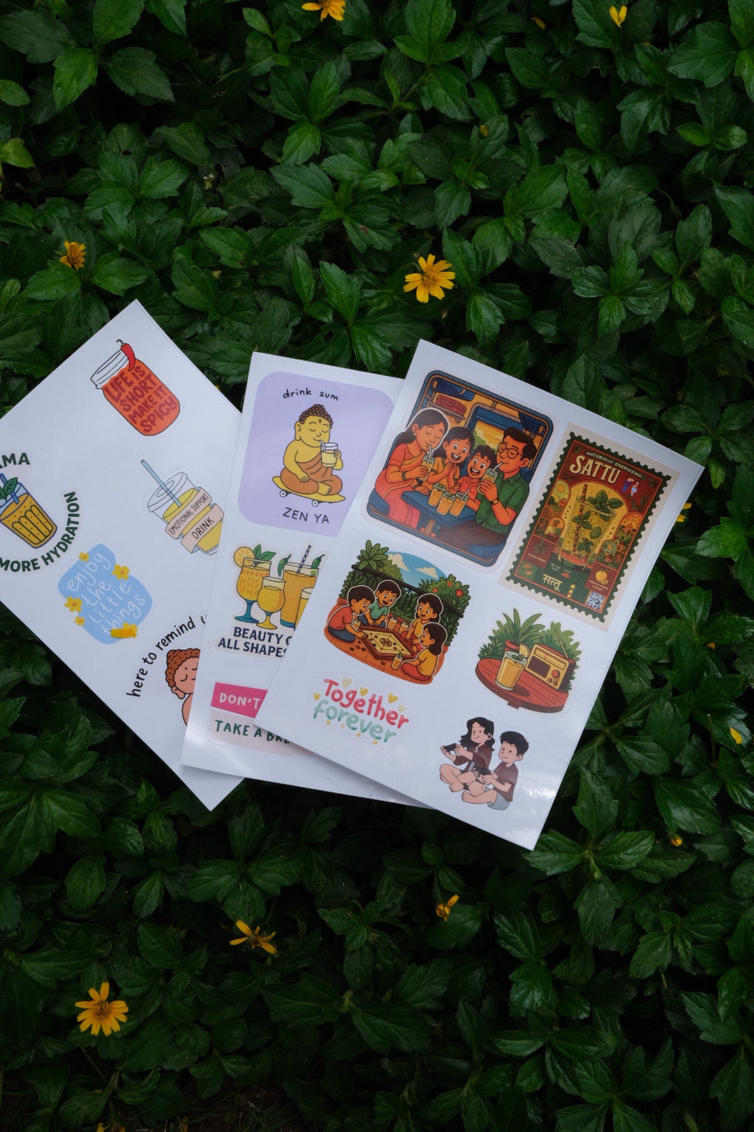 Zen Ya Rakhi gift box sticker sheets with nostalgic and fun Indian illustrations – quirky hydration and sibling love themed stickers on green grass