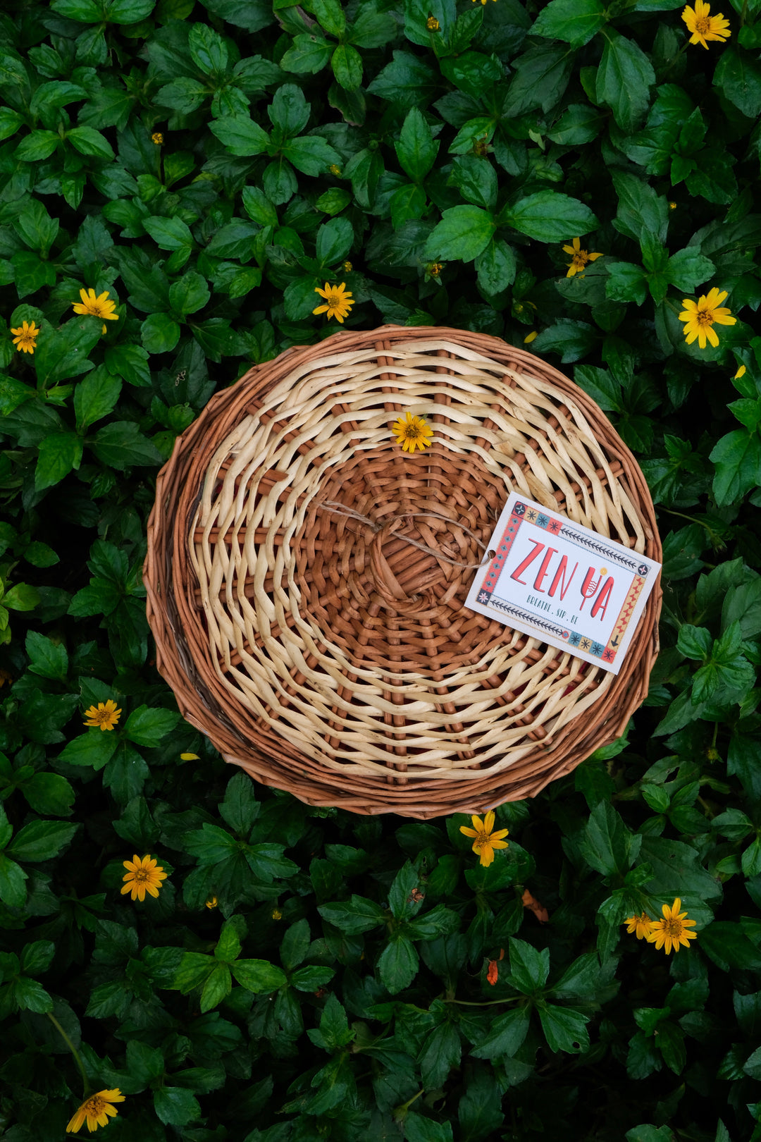 Zen Ya Rakhi gift basket with brand tag placed on green foliage with yellow flowers – eco-friendly Indian wellness gifting for Raksha Bandhan.