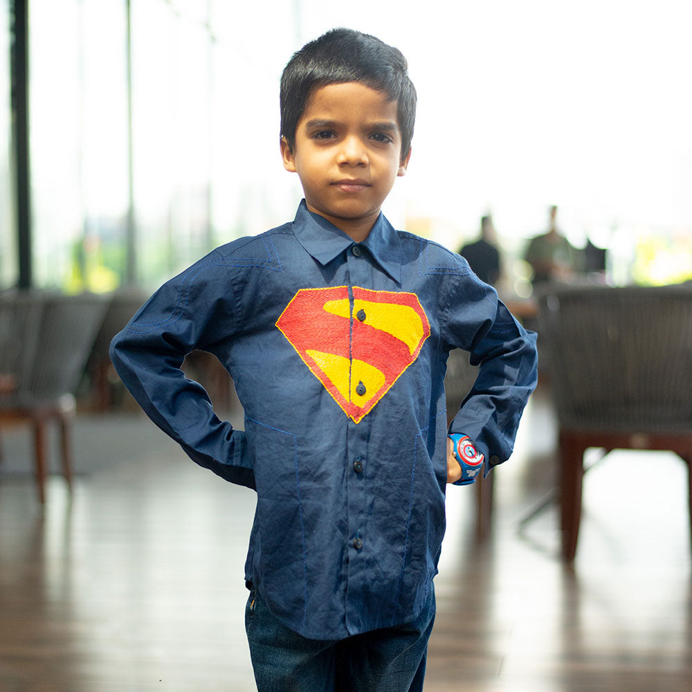 Superhero Chest Icon Embroidered Organic Cotton Shirt - Navy