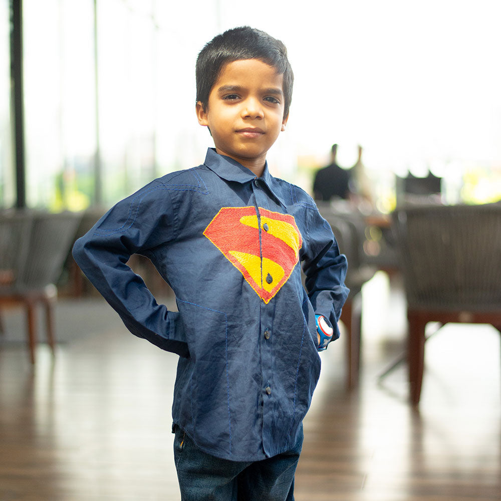 Superhero Chest Icon Embroidered Organic Cotton Shirt - Navy
