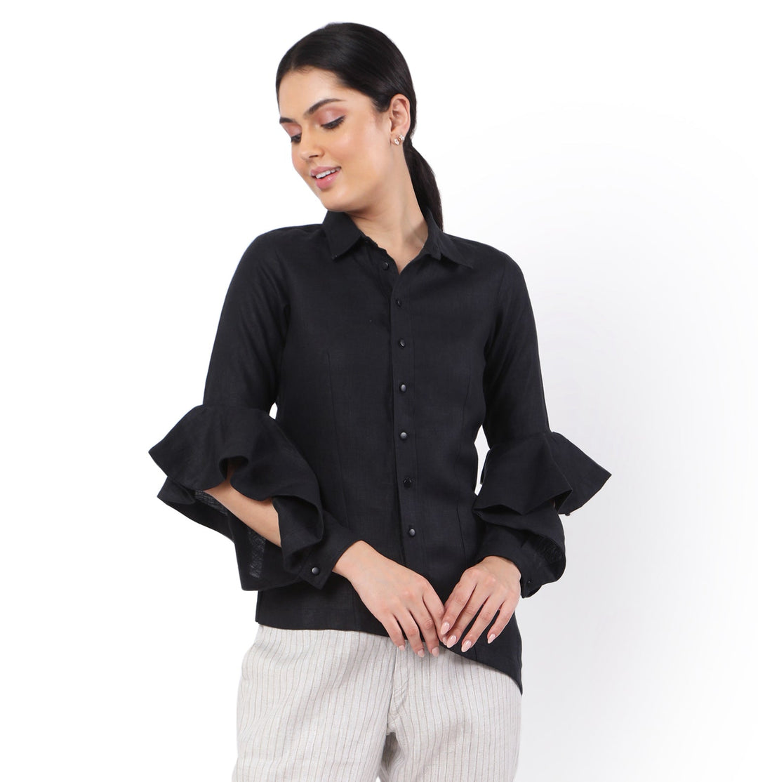 The Label GAIA Hemp Black Asymmetric Ruffled Sleeves Shirt