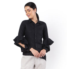 The Label GAIA Hemp Black Asymmetric Ruffled Sleeves Shirt