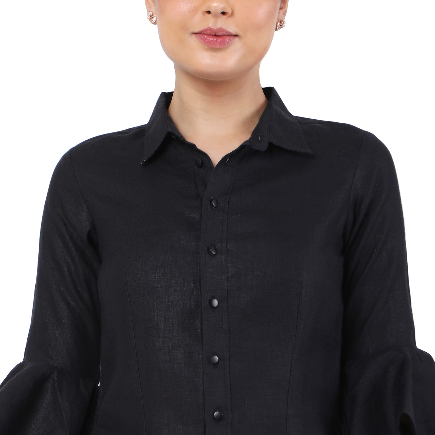 Women's Hemp Black Ruffled Sleeves Shirt