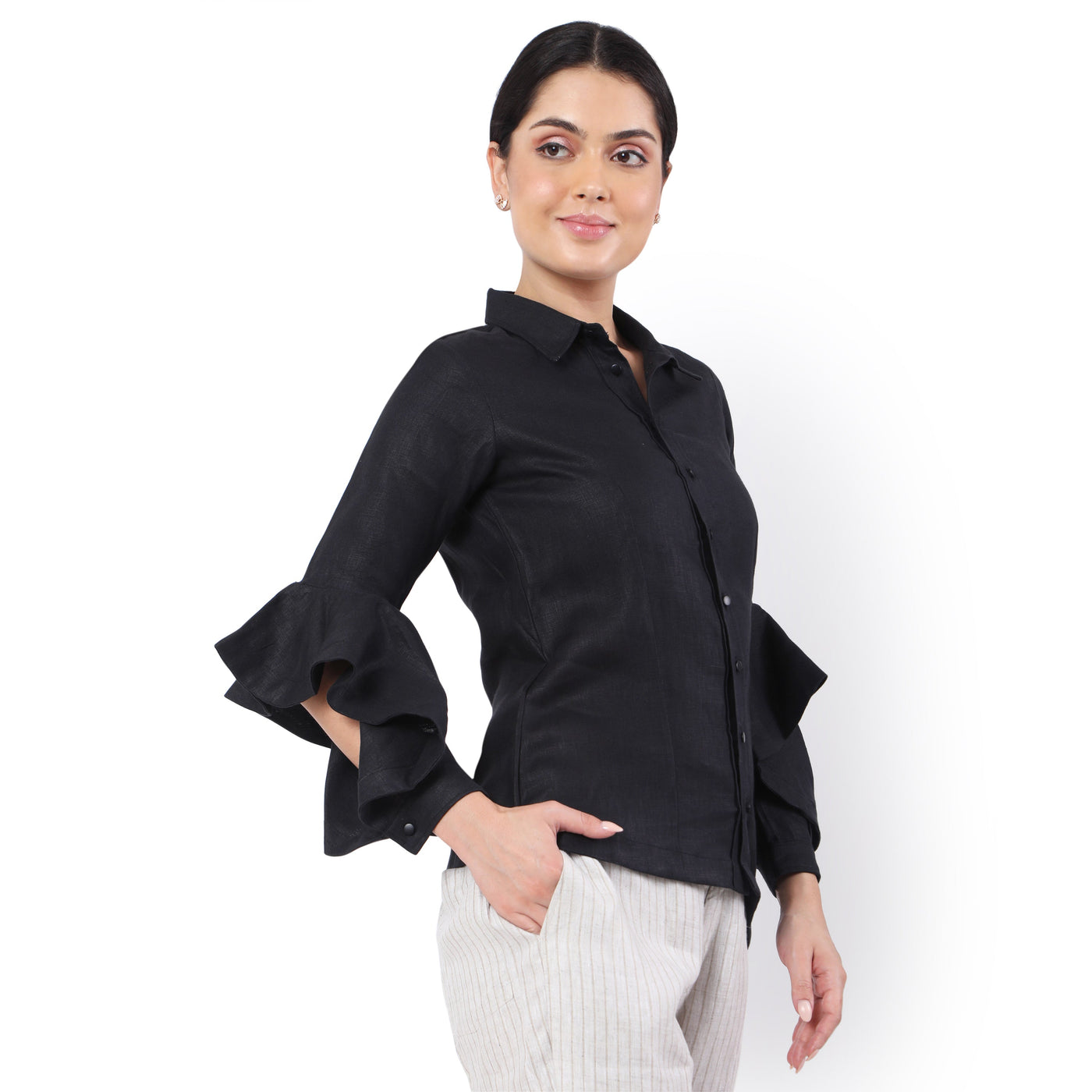 Women's Hemp Black Ruffled Sleeves Shirt