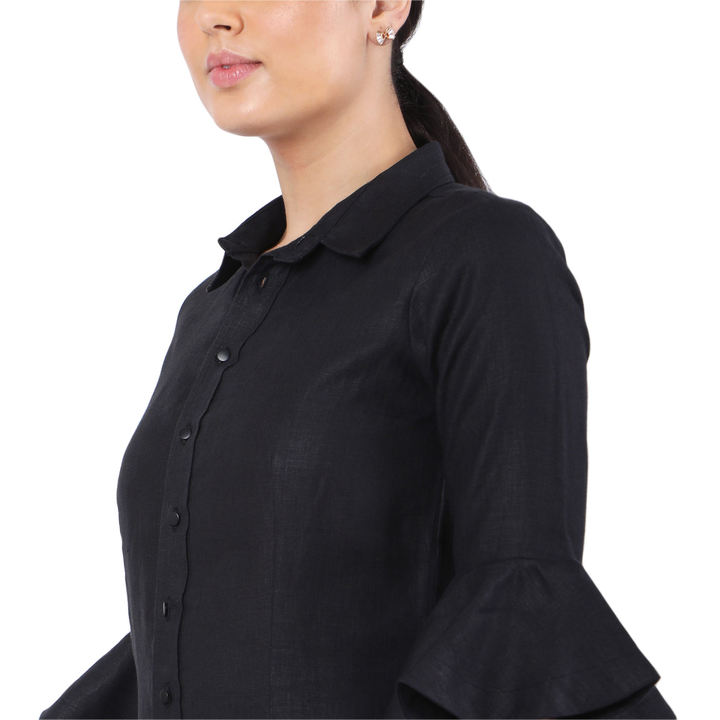 Women's Hemp Black Ruffled Sleeves Shirt