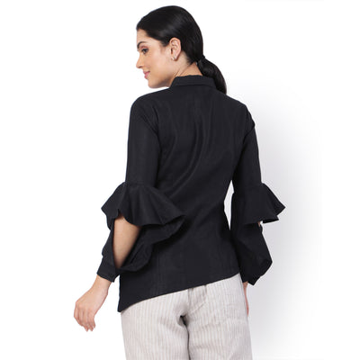 Women's Hemp Black Ruffled Sleeves Shirt