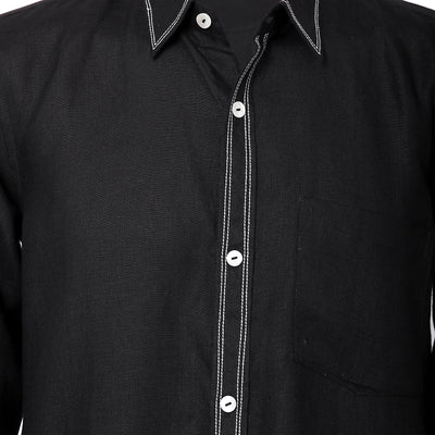 Men Solid Hemp Black Casual Shirt