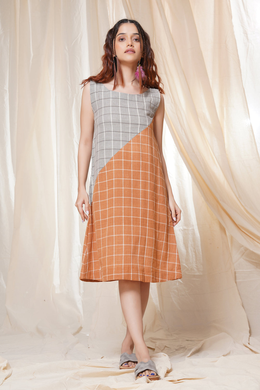 Timeless Checks - Orange and Gray Checkered Khadi Short Dress
