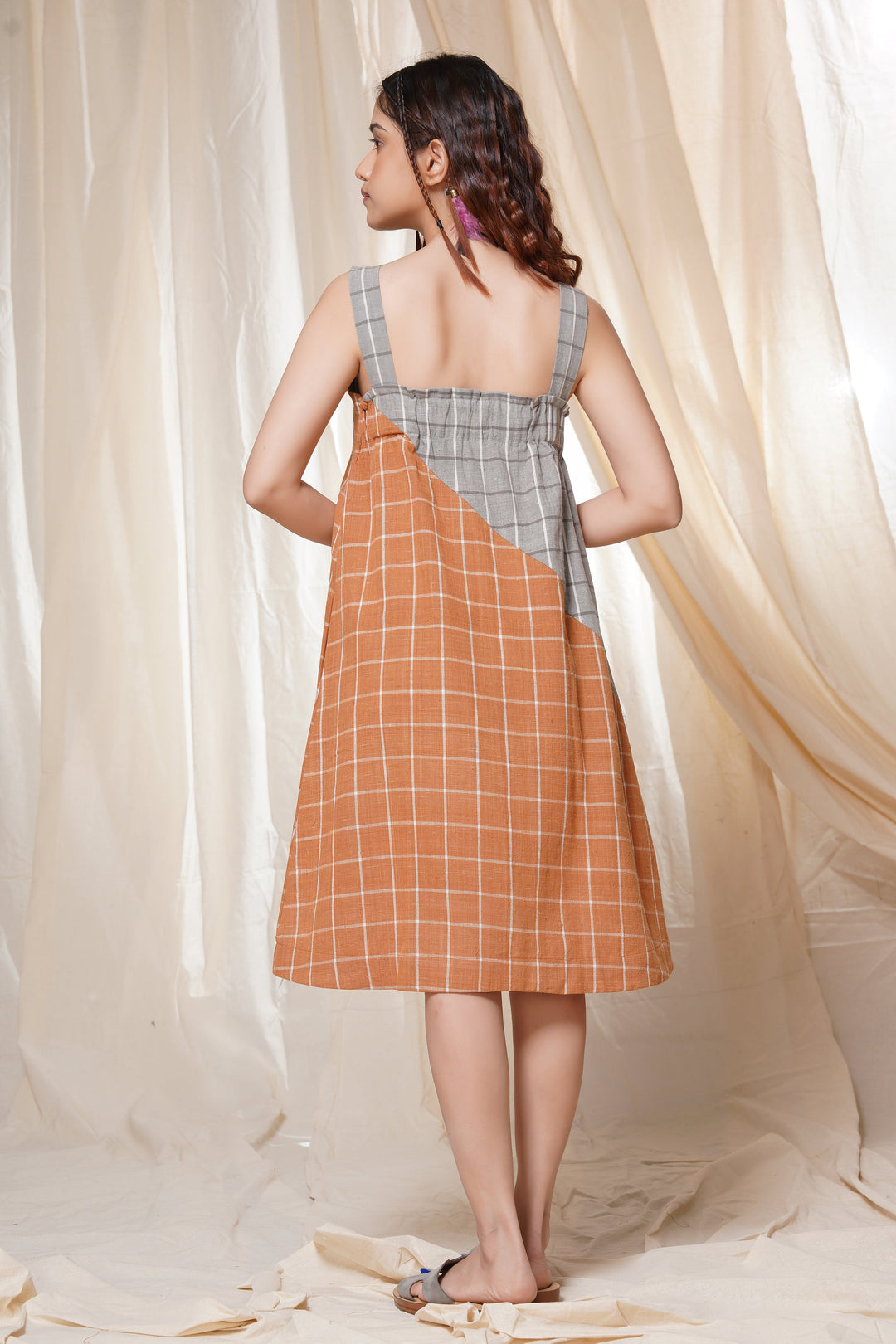 Timeless Checks - Orange and Gray Checkered Khadi Short Dress