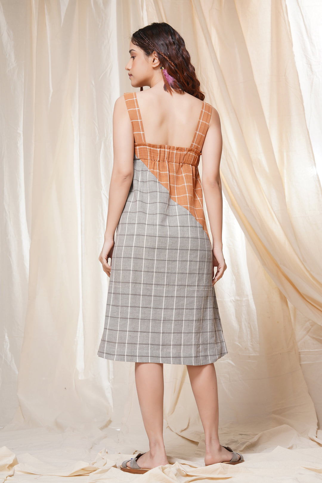 Timeless Checks - Orange and Gray Checkered Khadi Short Dress