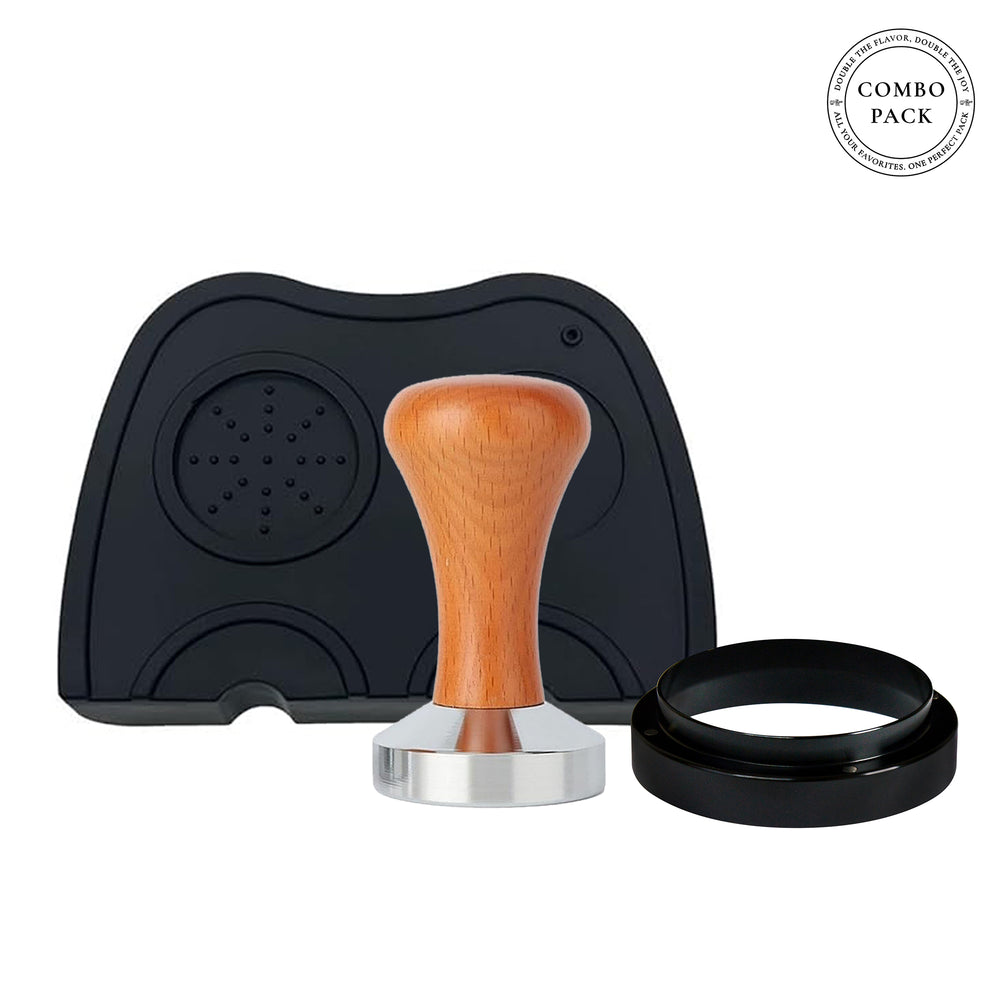 The Bean Co Roasters Barista Kit – Includes 58mm Coffee Tamper with Wooden Handle, 58mm Dosing Ring & Silicone Tamper Mat (21×15 cm) – Espresso Accessories for Home & Professional Use