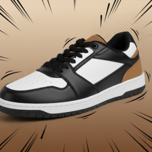 Black and white sneaker with brown accents on a brown background