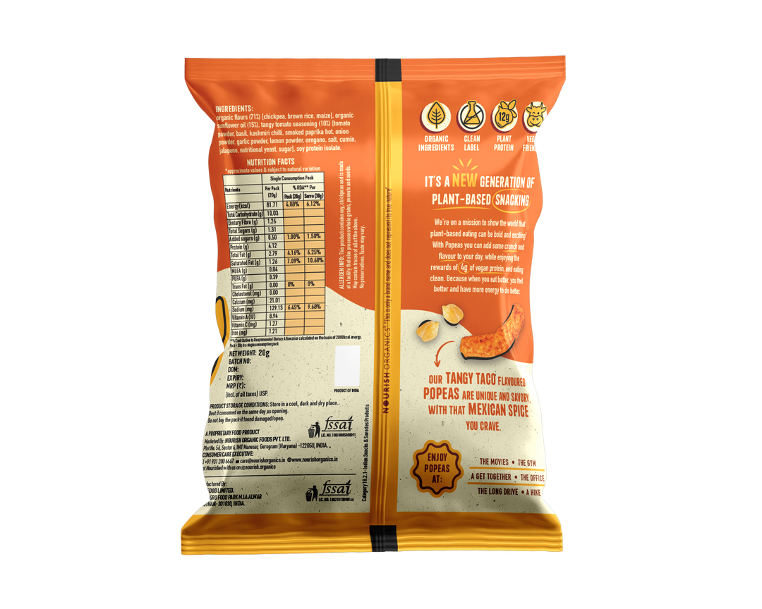 NOURISH ORGANICS TANGY TACO Protein Puffs Mini - Pack of 8, (20G)