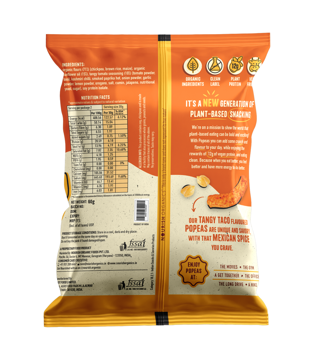 NOURISH ORGANICS Tangy Taco Protein Puffs - Pack of 8, (60G)
