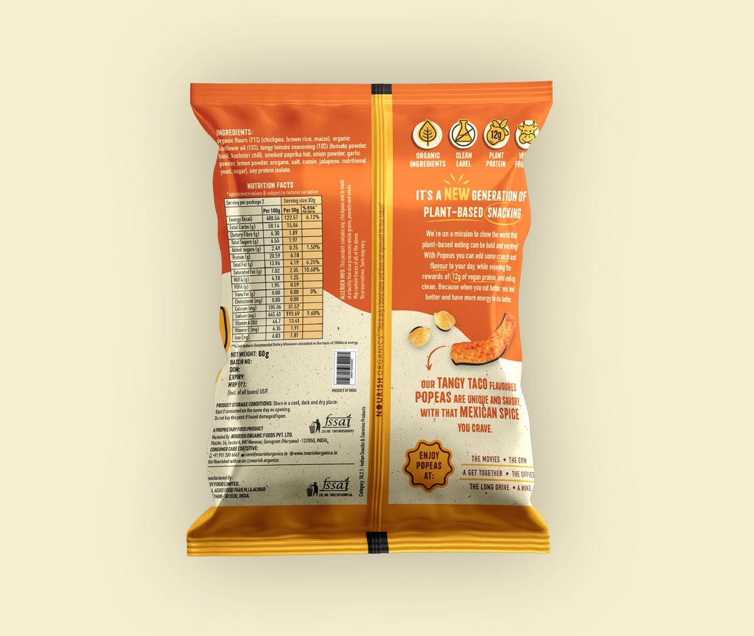 NOURISH ORGANICS Tangy Taco Protein Puffs - Pack of 4, (60G)