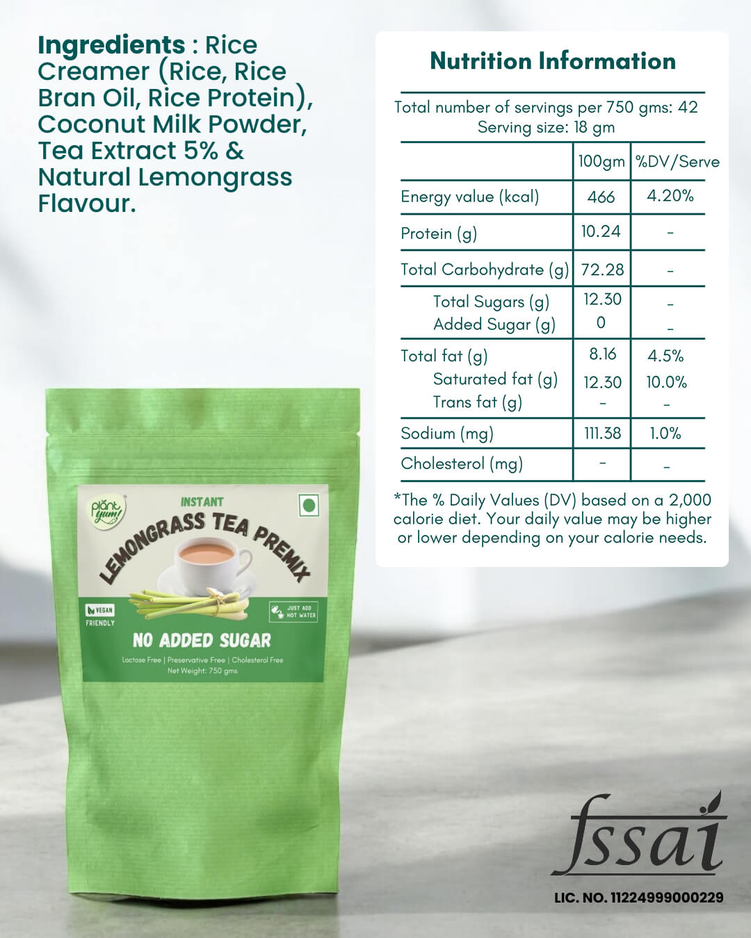 No Added Sugar Tea Premix - Lemongrass (750g)