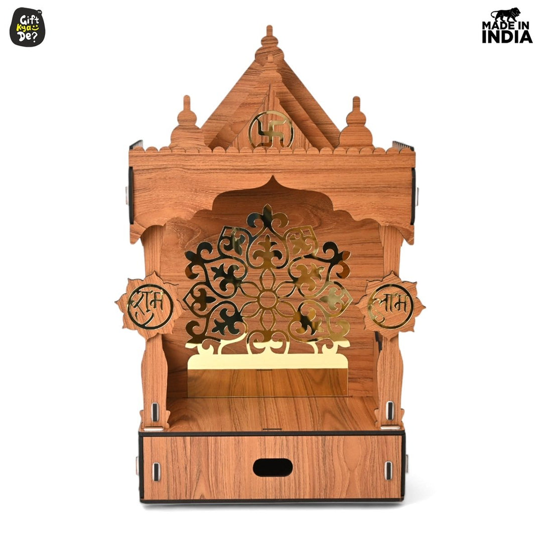 Gift Kya De Wooden Temple For Home & Office | Premium 3D Golden Cutwork Design | Mandir With Storage Drawer (DIY)