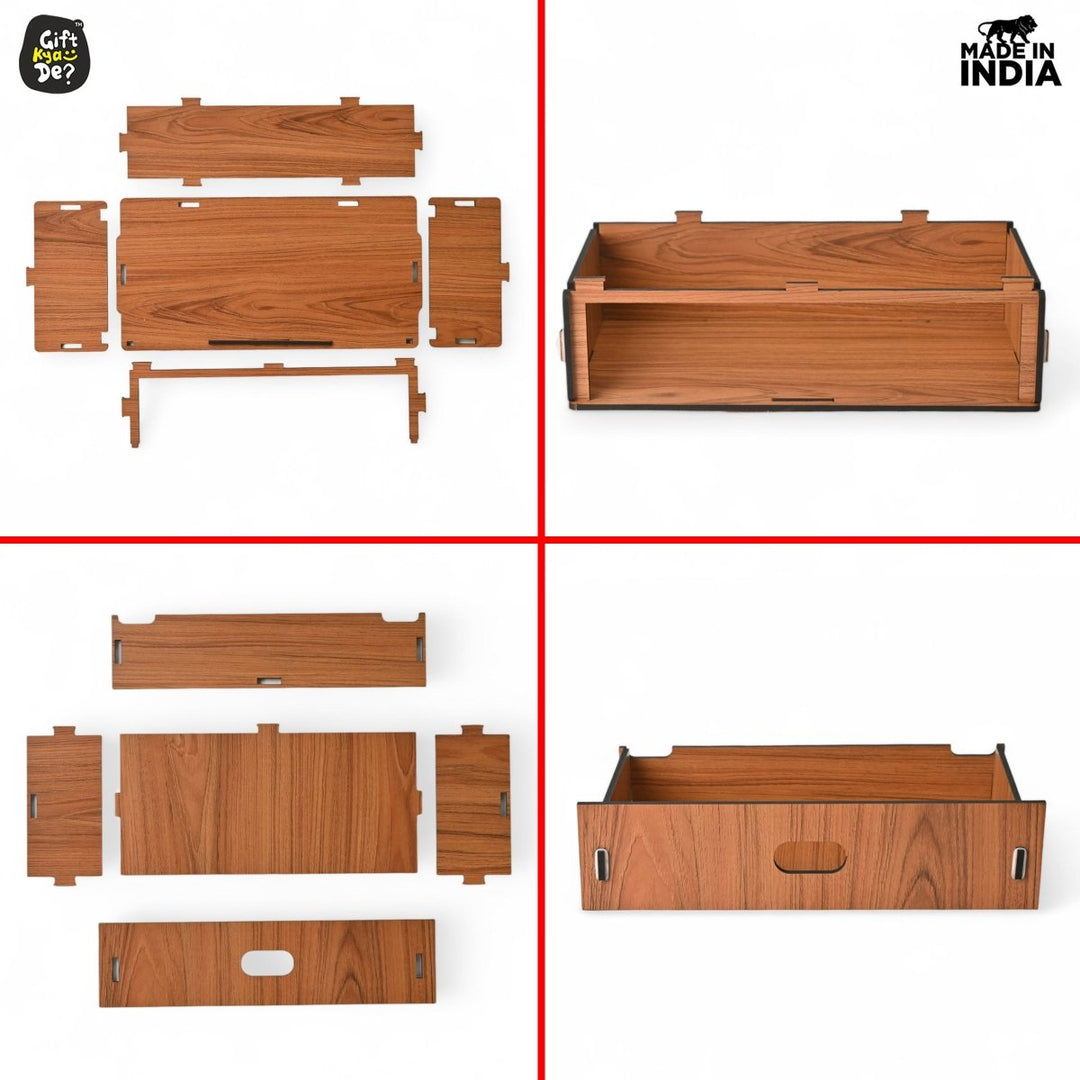 Gift Kya De Wooden Temple For Home & Office | Premium 3D Golden Cutwork Design | Mandir With Storage Drawer (DIY)