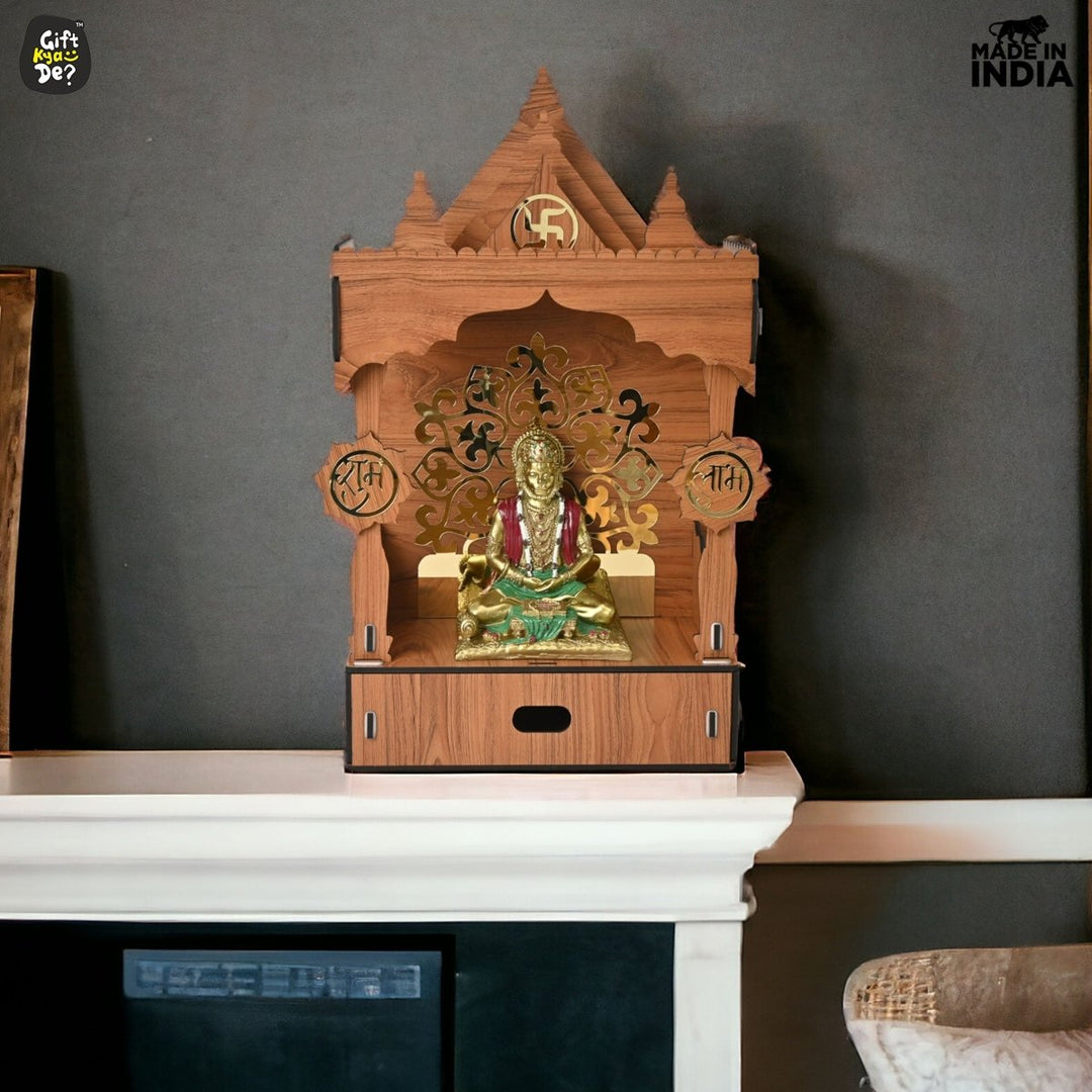 Gift Kya De Wooden Temple For Home & Office | Premium 3D Golden Cutwork Design | Mandir With Storage Drawer (DIY)