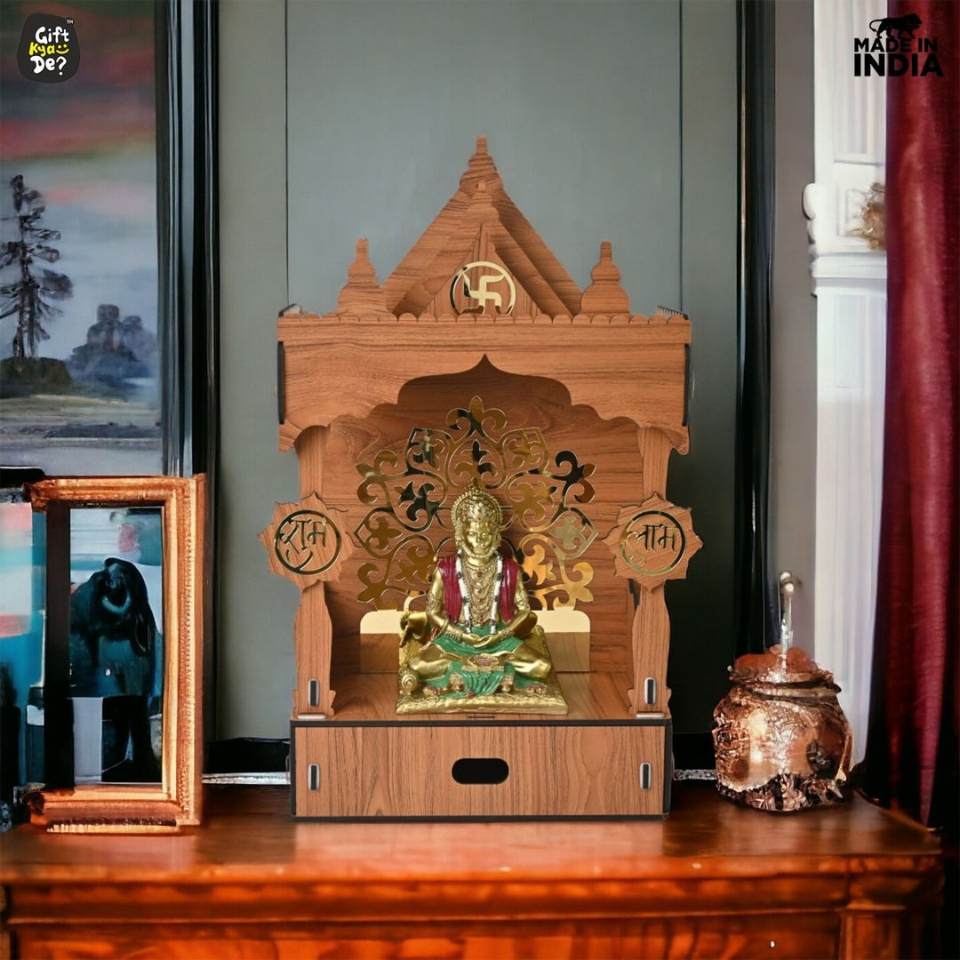 Gift Kya De Wooden Temple For Home & Office | Premium 3D Golden Cutwork Design | Mandir With Storage Drawer (DIY)