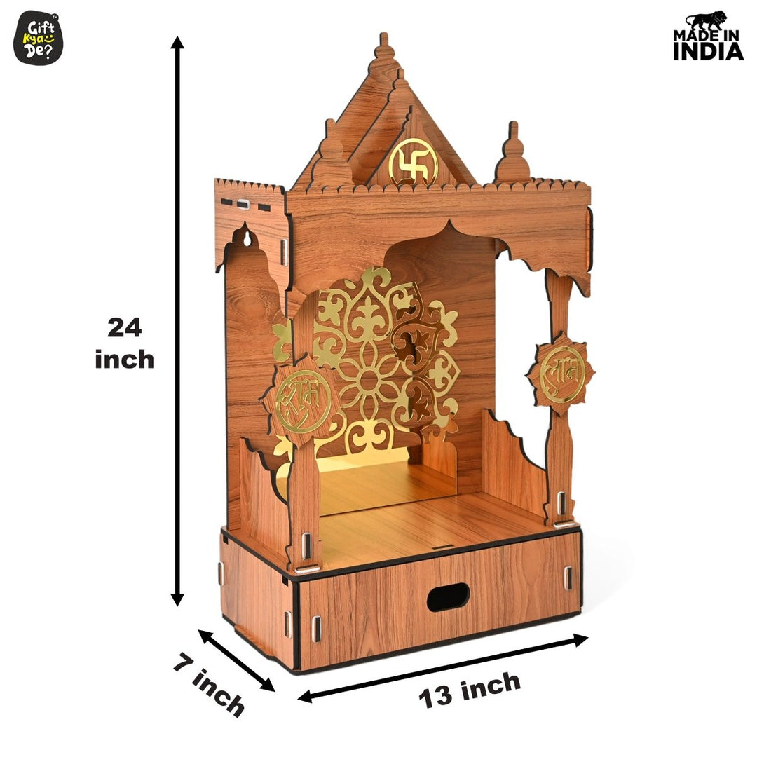 Gift Kya De Wooden Temple For Home & Office | Premium 3D Golden Cutwork Design | Mandir With Storage Drawer (DIY)