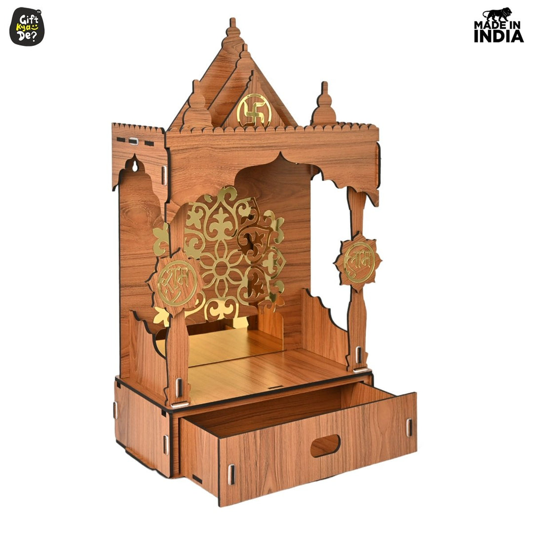 Gift Kya De Wooden Temple For Home & Office | Premium 3D Golden Cutwork Design | Mandir With Storage Drawer (DIY)