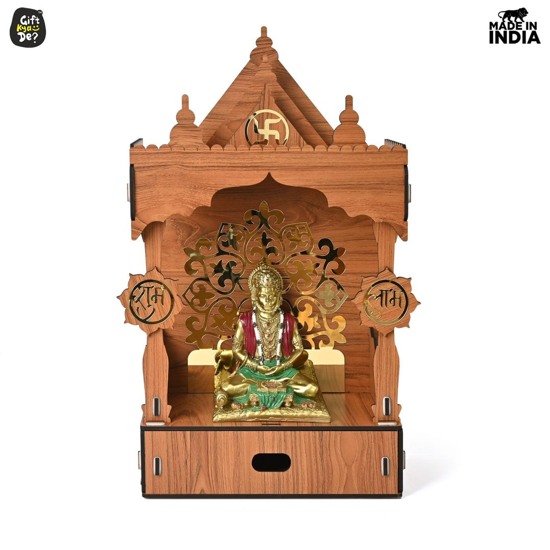 Gift Kya De Wooden Temple For Home & Office | Premium 3D Golden Cutwork Design | Mandir With Storage Drawer (DIY)