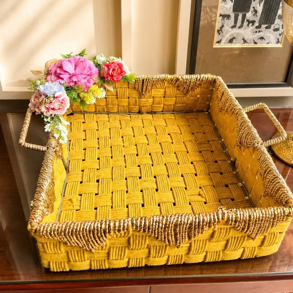 Artecasa Mustard Yellow Handwoven Decorative Storage Tray with Handles