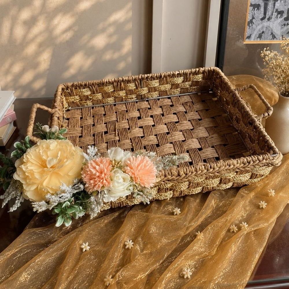 Artecasa Handwoven Natural Storage Tray with Handles | Decorative Woven Serving Basket