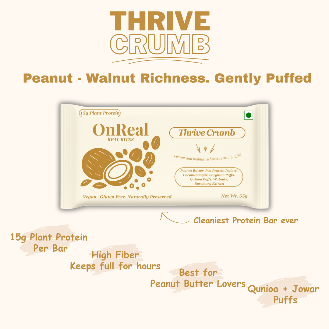 OnReal Foods Thrive Crumb Plant-Based Protein Bars | 15g Protein | No Refined Sugar | High Fiber | Peanut Butter & Walnut | Made with Jowar & Quinoa | Vegan & Gluten-Free