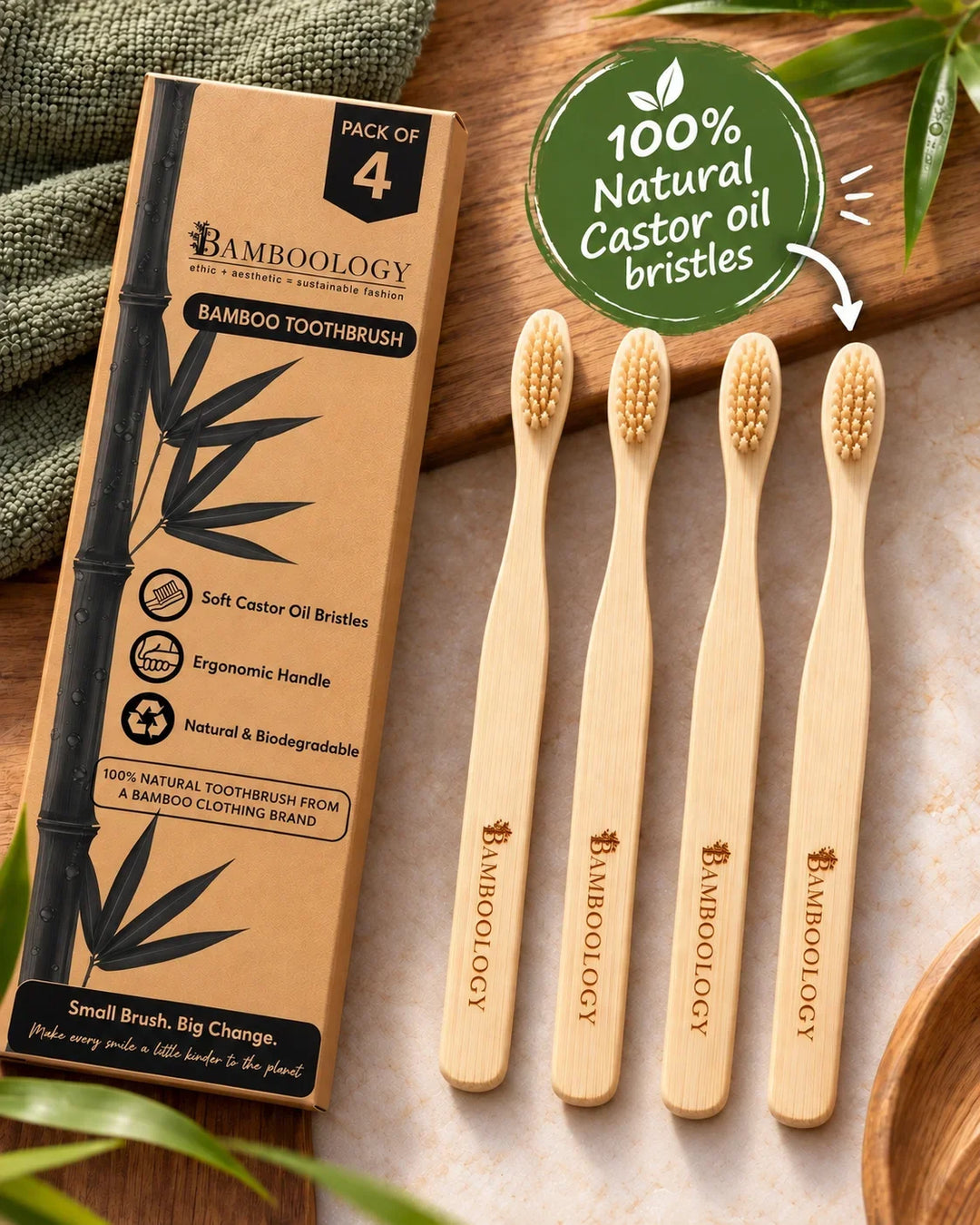 Bamboology Trends Bamboo Toothbrush | Plant-Based Bristles | Pack of 4