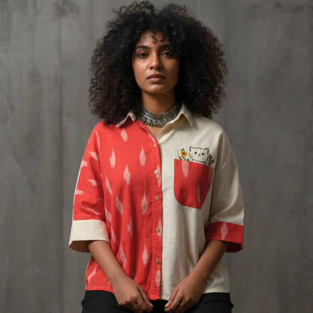 Unbleached Cotton Ikat Half-Half Anti-Fit Shirt - Embroidered Cat