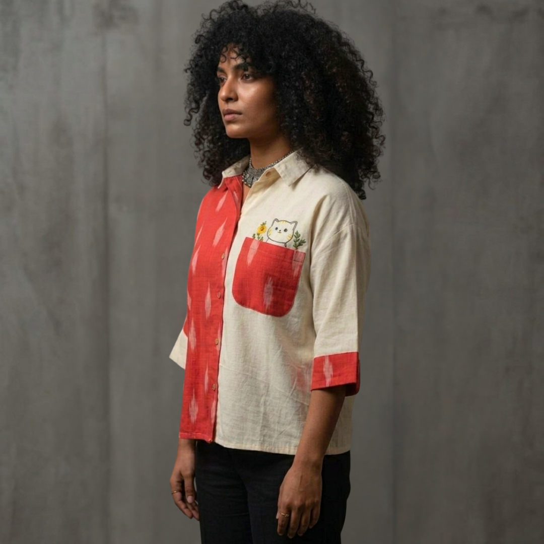 Unbleached Cotton Ikat Half-Half Anti-Fit Shirt - Embroidered Cat